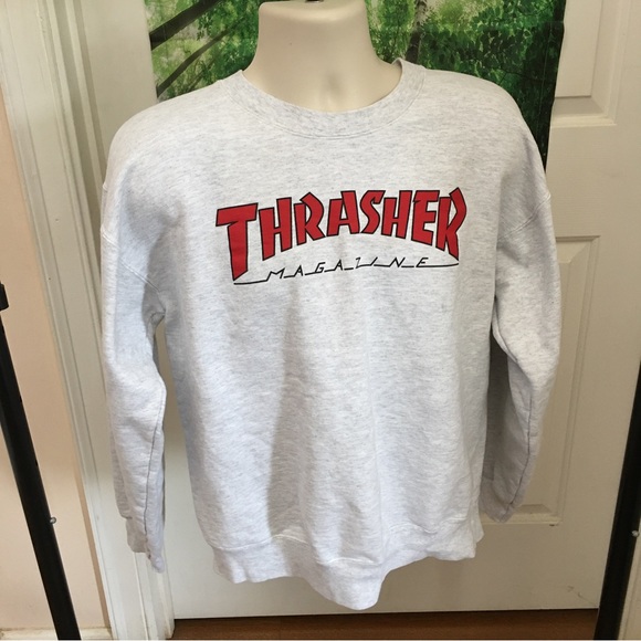 Thrasher Magazine Godzilla Crew Neck Light Gray Mens Sweatshirt SKATER Sz M - Picture 1 of 6